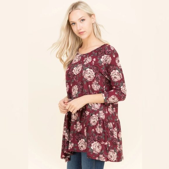 Floral 3/4 Sleeve Blouse Top Burgundy Plus Size - Picture 4 of 5